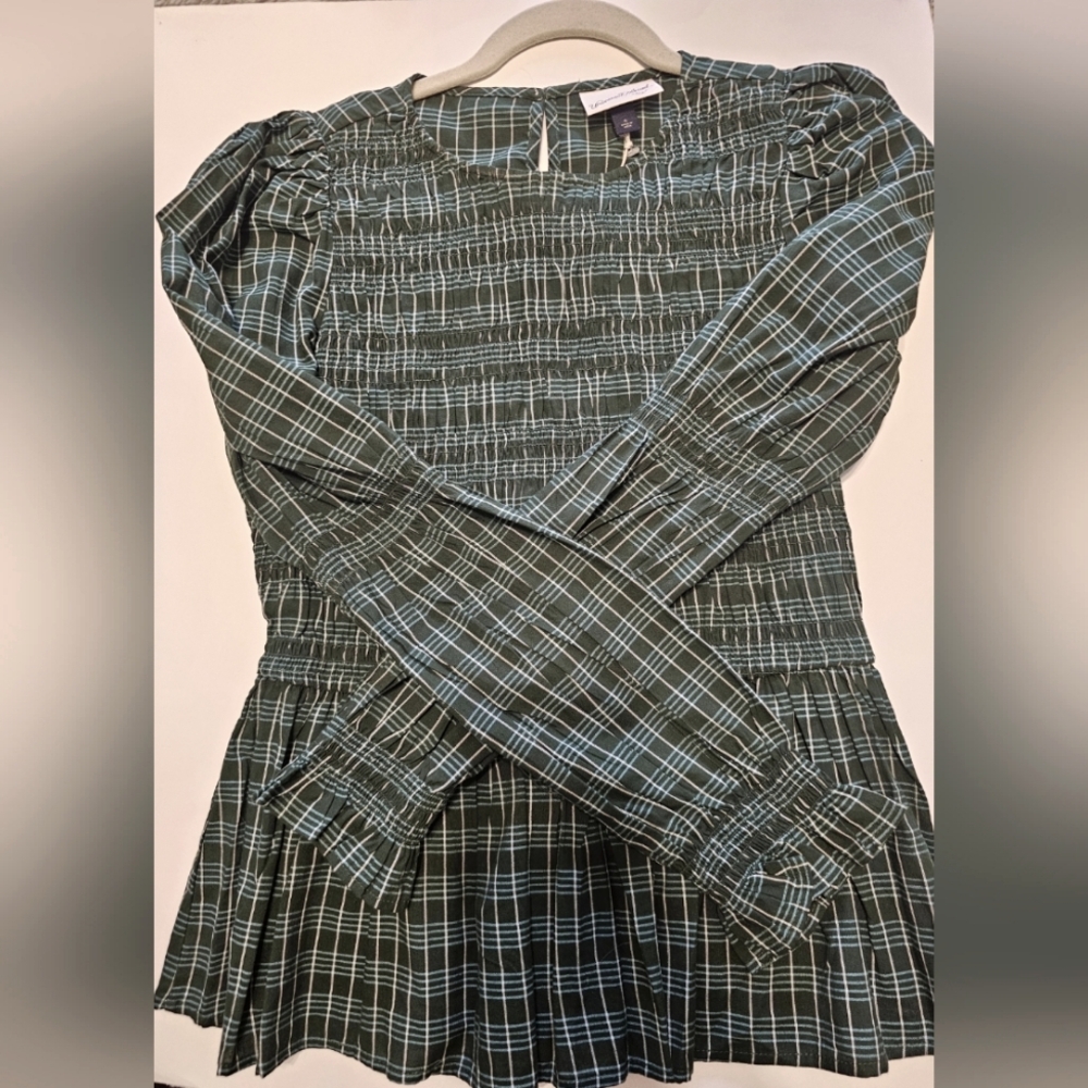 Universal Thread Puff Long Sleeve Smocked Green Blue Cottagecore Blouse Small S - Picture 3 of 7